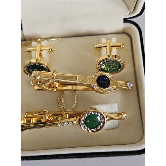 Agency for Defense Development Cuff Link Tie Bar Set Gold Tone W/Box Green Black - Picture 3 of 5